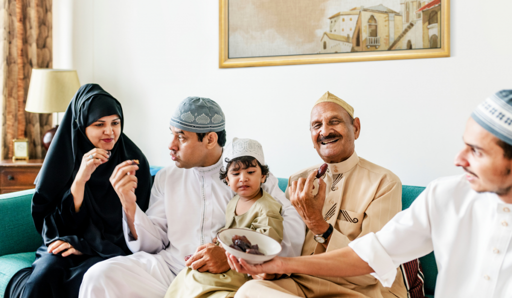 Muslim family having dried dates as a snack